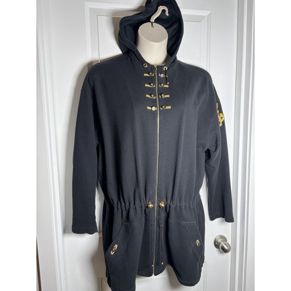 Vtg  ST JOHN Sport Black Zip Hoodie Military Jacket~Sz L~Gold Logo Crest ITALY - Picture 4 of 16